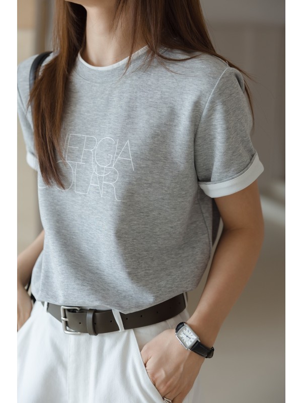 灰色の丸い首の文字短袖Tシャツトップ