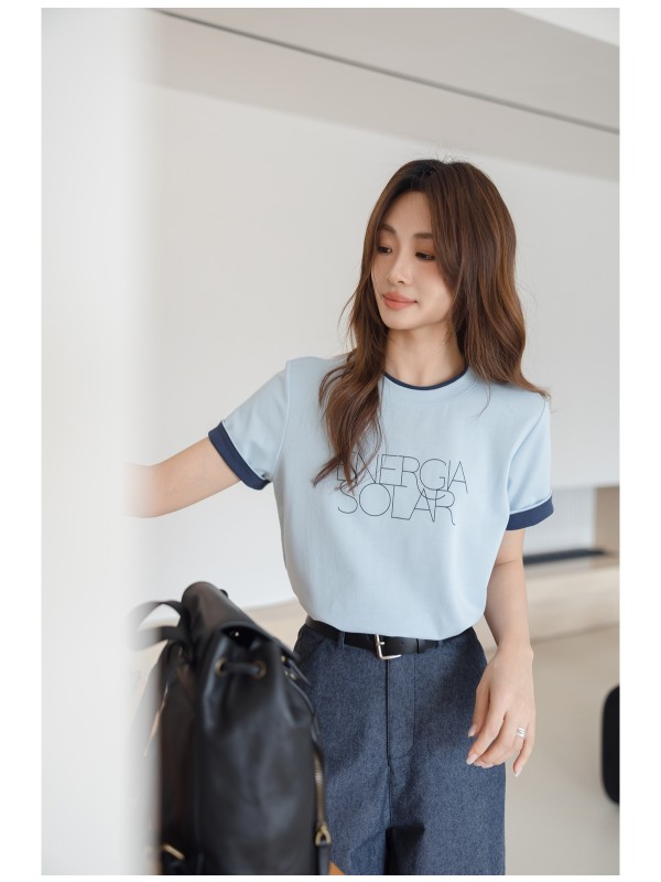 灰色の丸い首の文字短袖Tシャツトップ
