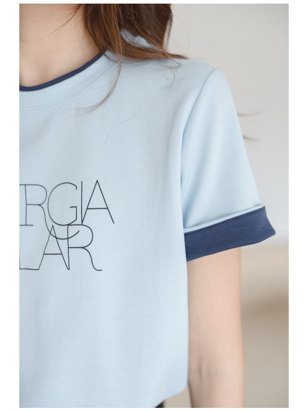 灰色の丸い首の文字短袖Tシャツトップ