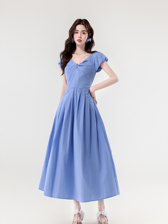 New blue French V-neck slim dress