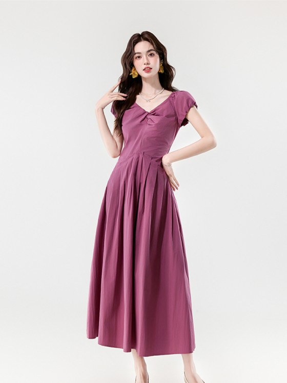 New purple French V-neck slim dress