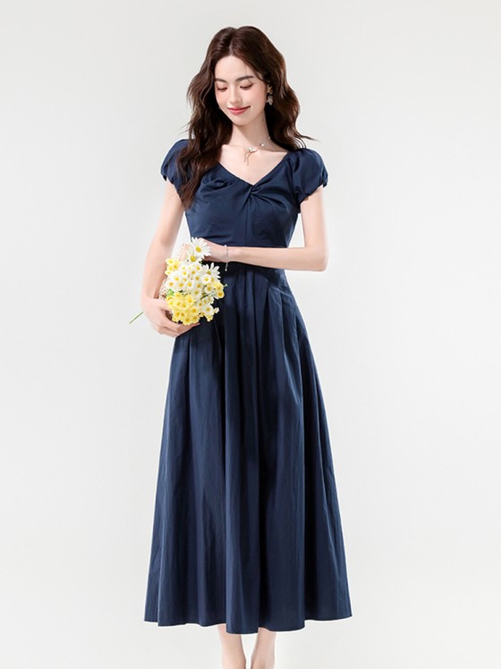 Navy blue French V-neck high-waisted slim dress