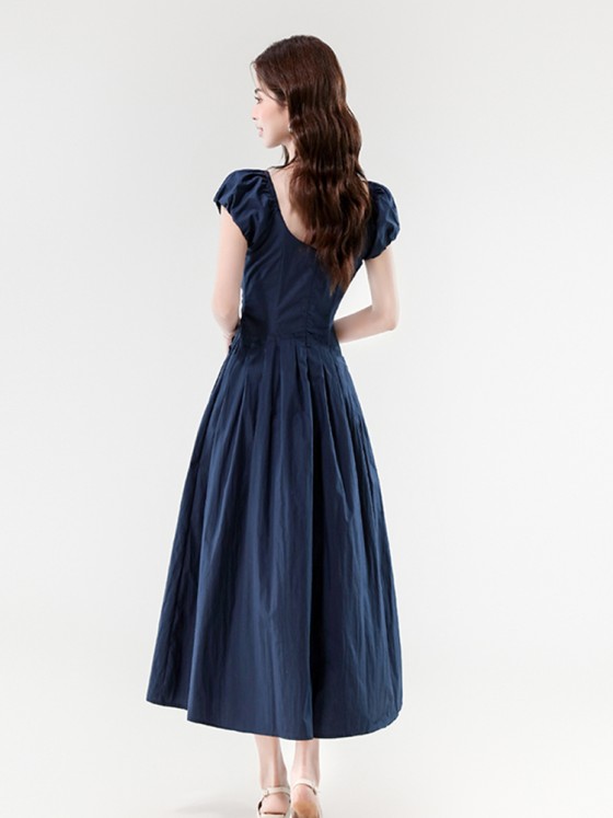 Navy blue French V-neck high-waisted slim dress