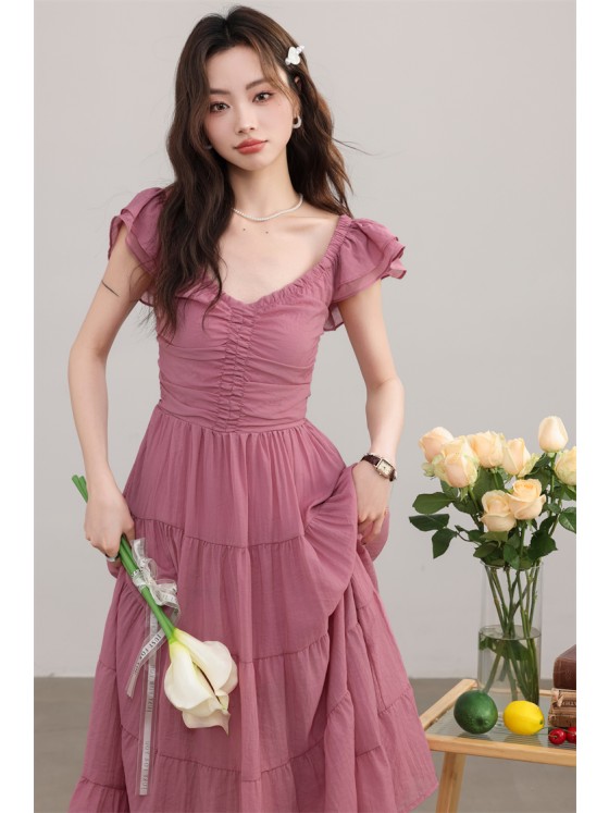 【Wild Rose】Summer small flying sleeve dress for women with retro v-neck a-line skirt