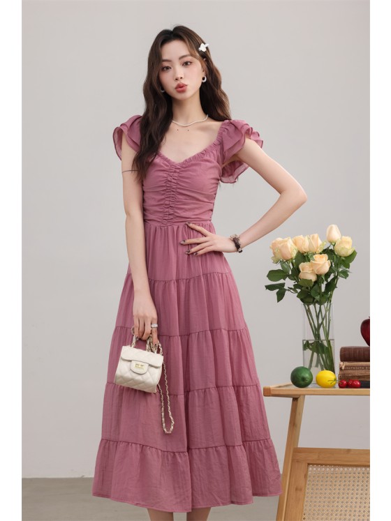 【Wild Rose】Summer small flying sleeve dress for women with retro v-neck a-line skirt