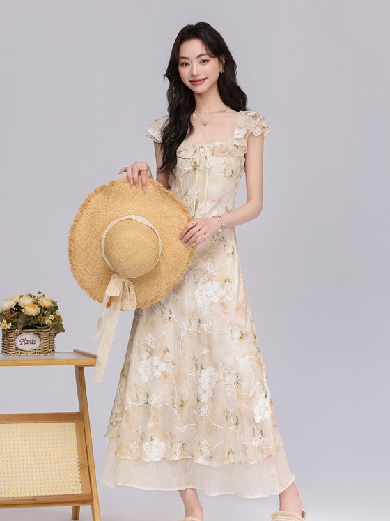 【Island Yishu】Embroidered gentle dress for women\'s unique lace skirt