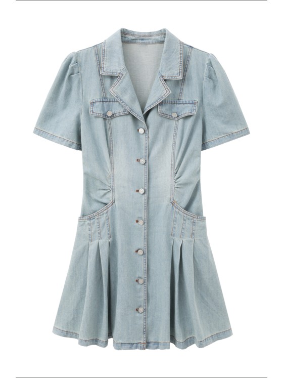【Blue One-way】light color short-sleeved denim dress for women