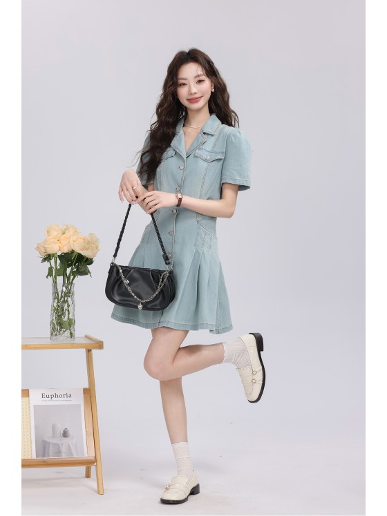 【Blue One-way】light color short-sleeved denim dress for women