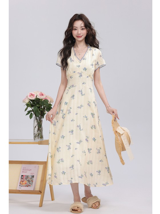 【Picnic Diary】Summer V-neck Slim Floral Dress Women\'s Long Skirt