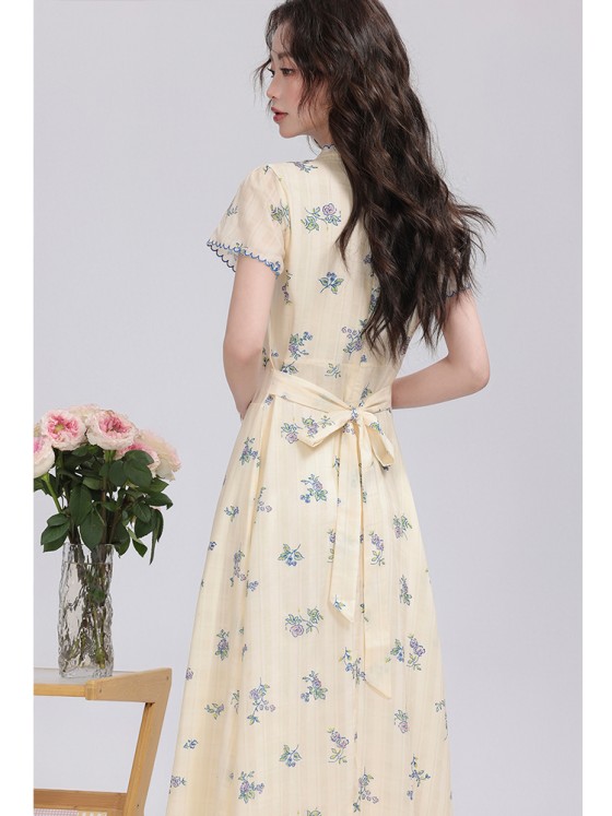 【Picnic Diary】Summer V-neck Slim Floral Dress Women\'s Long Skirt