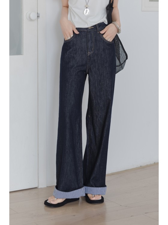Women's retro dark blue jeans rolled straight wide-leg pants