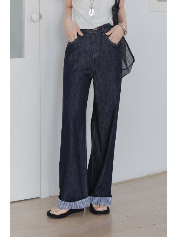 女性のレトロなダークブルーデニムストレートレッグパンツ
