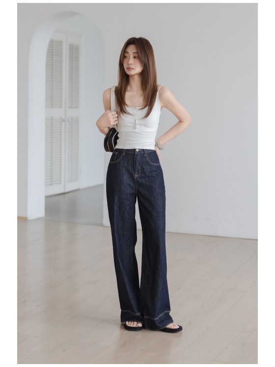 Women's retro dark blue jeans rolled straight wide-leg pants