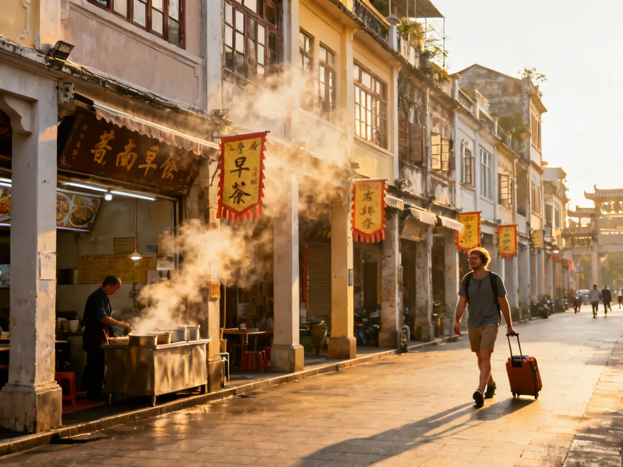 In the old street at dawn, I slowed down by following a bowl of hot soup