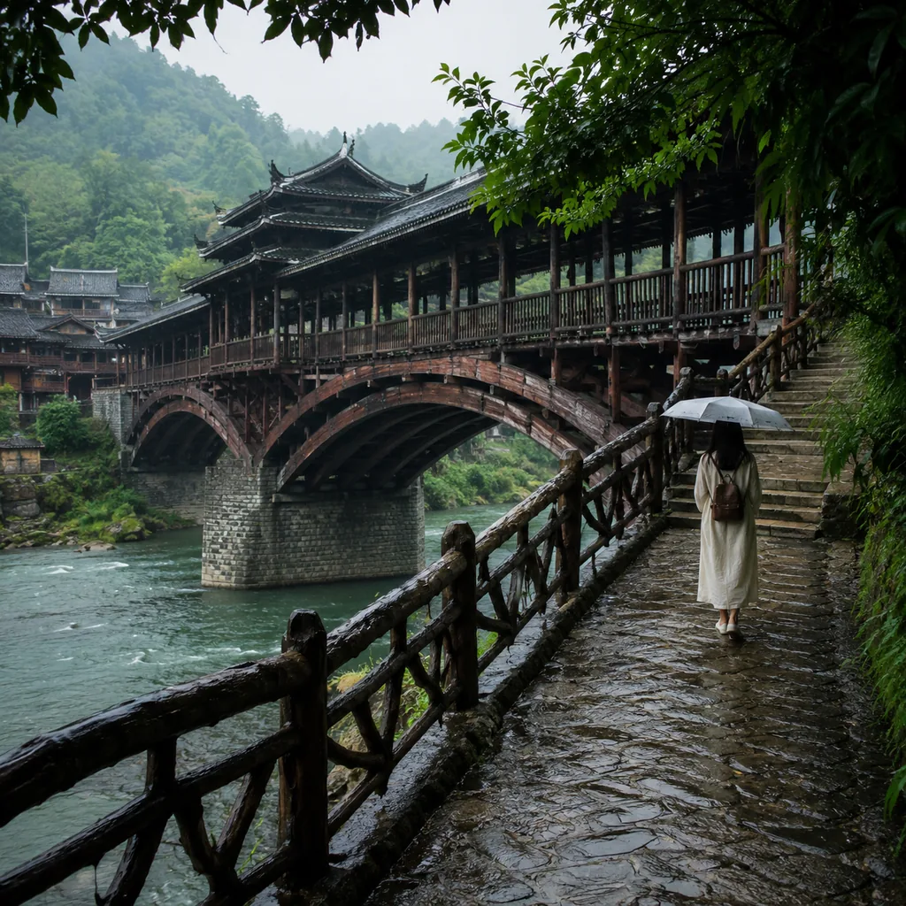 Walking Slowly Across a Wooden Covered Bridge in the Rain